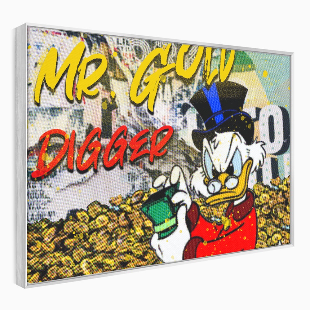 Tablou canvas cu tablou canvas cu scrooge mcduck si bani, in rama de aluminiu argintiu